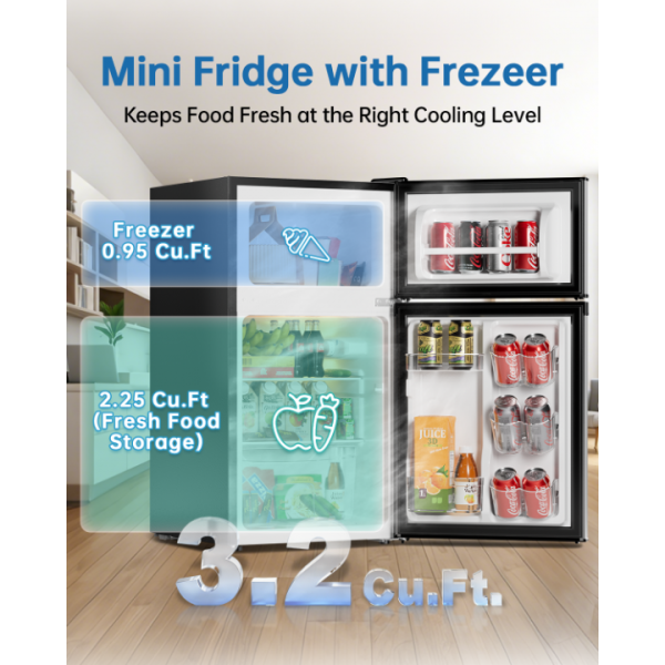 Frostorm 3.2 Cu Ft Mini Fridge with Freezer - Energy Efficient, Double Door Upright Freezer for Bedroom, Office & Dorm | Small Fridge, Glass Shelves,Interior Light,ETL Certified,etc(Silver)