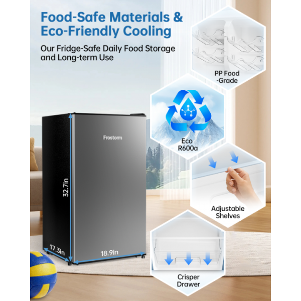 Frostorm 3.2 Cu Ft Mini Fridge with Freezer - Energy Efficient, Large Capacity Single Door Upright Freezer for Bedroom, Office & Dorm | Small Fridge, Reversible Door, ETL Certified(Silver)