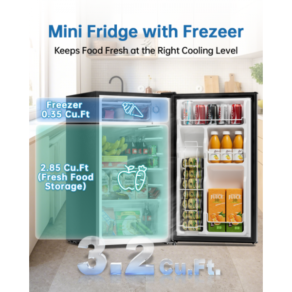 Frostorm 3.2 Cu Ft Mini Fridge with Freezer - Energy Efficient, Large Capacity Single Door Upright Freezer for Bedroom, Office & Dorm | Small Fridge, Reversible Door, ETL Certified(Silver)