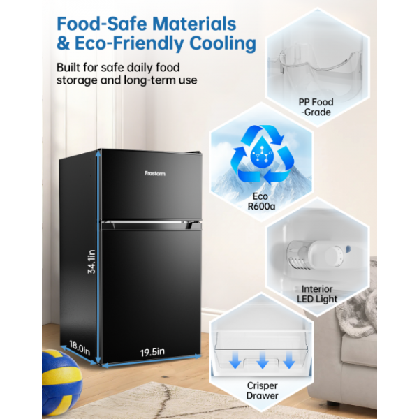 Frostorm 3.2 Cu Ft Mini Fridge with Freezer - Energy Efficient, Double Door Upright Freezer for Bedroom, Office & Dorm,restaurants | Small Fridge, Glass Shelves,Interior Light,ETL Certified,etc
