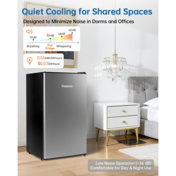 Frostorm 3.2 Cu Ft Mini Fridge with Freezer - Energy Efficient, Large Capacity Single Door Upright Freezer for Bedroom, Office & Dorm | Small Fridge, Reversible Door, ETL Certified(Silver)