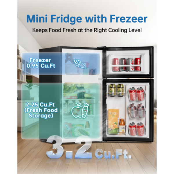 Frostorm 3.2 Cu Ft Mini Fridge with Freezer - Energy Efficient, Double Door Upright Freezer for Bedroom, Office & Dorm,restaurants | Small Fridge, Glass Shelves,Interior Light,ETL Certified,etc