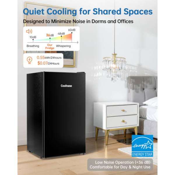 Frostorm 3.2 Cu Ft Mini Fridge with Freezer - Energy Efficient, Large Capacity Single Door Upright Freezer for Bedroom, Office & Dorm | Small Fridge, Reversible Door, ETL Certified(Black)