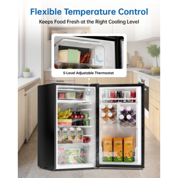 Frostorm 3.2 Cu Ft Mini Fridge with Freezer - Energy Efficient, Large Capacity Single Door Upright Freezer for Bedroom, Office & Dorm | Small Fridge, Reversible Door, ETL Certified(Black)