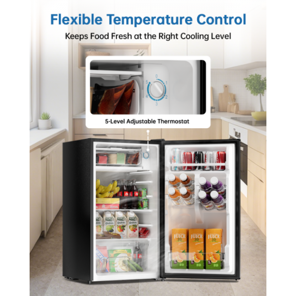 Frostorm 3.2 Cu Ft Mini Fridge with Freezer - Energy Efficient, Large Capacity Single Door Upright Freezer for Bedroom, Office & Dorm | Small Fridge, Reversible Door, ETL Certified(Black)