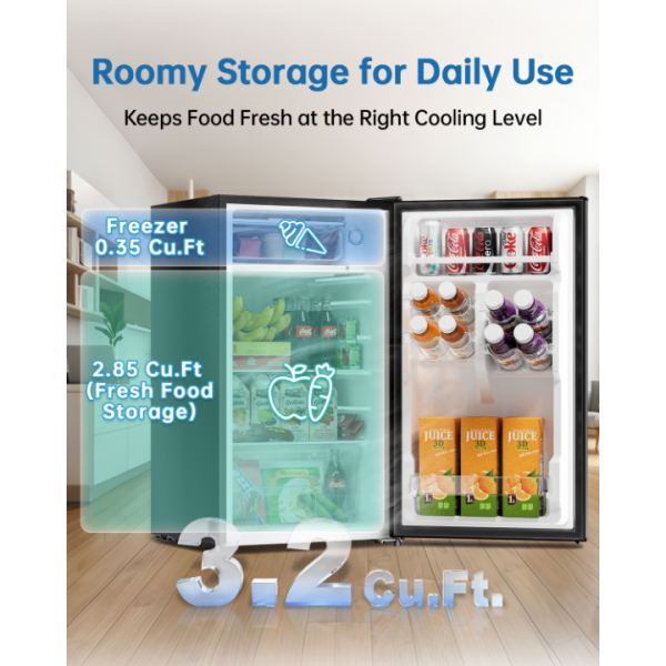 Frostorm 3.2 Cu Ft Mini Fridge with Freezer - Energy Efficient, Large Capacity Single Door Upright Freezer for Bedroom, Office & Dorm | Small Fridge, Reversible Door, ETL Certified(Black)