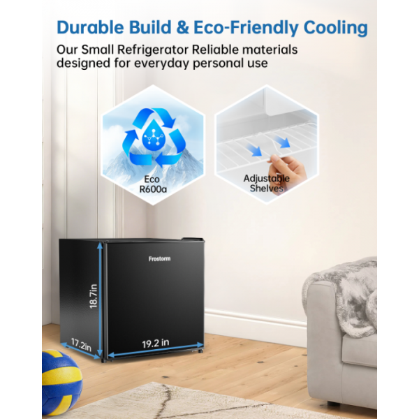 Frostorm 1.6 Cu Ft Mini Fridge with Freezer - 30dB Ultra Quiet Upright Freezer for Bedroom, Dorm & Office | Compact Fridge, Adjustable Thermostat, Reversible Door, ETL Certified