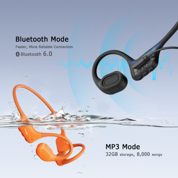 VLOP Bone Conduction Swimming Headphones - IP68 Waterproof, Open-Ear MP3 Headphones with 32GB Memory, Bluetooth 6.0 Wireless Sport Headset for Running & Cycling, 8H Playtime Orange